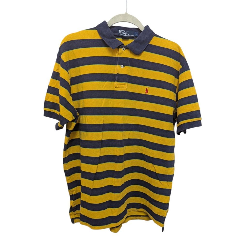 Polo Ralph Lauren Short Sleeve Men’s Large Striped Yellow Blue Cotton Red Pony